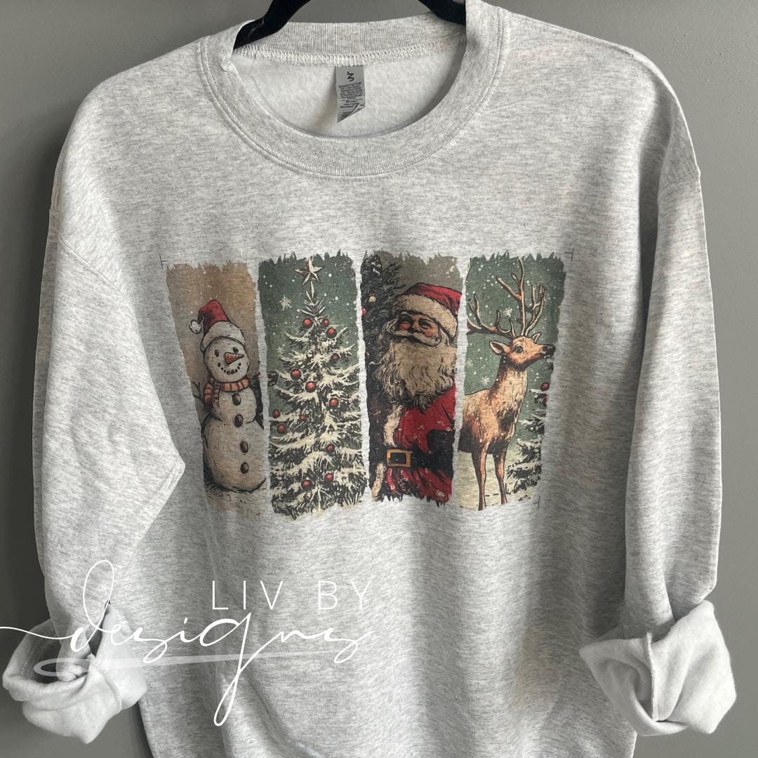 Cozy Christmas pullover with sublimated vintage print. (etsy image id: 7084472069)
