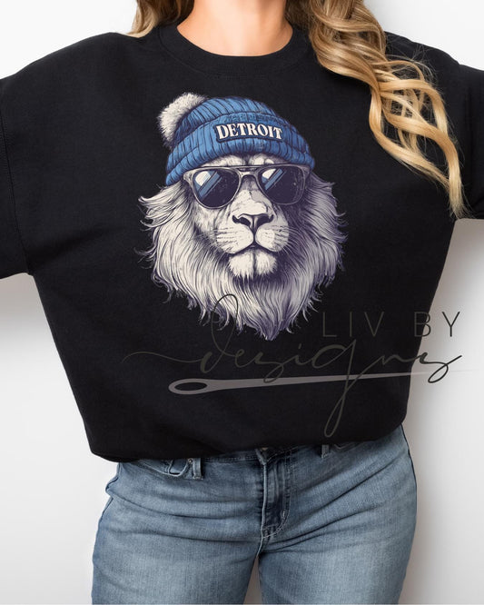 Close-up of DTF-printed Detroit lion spirit animal design on Gildan crewneck. (etsy image id: 7101160366)
