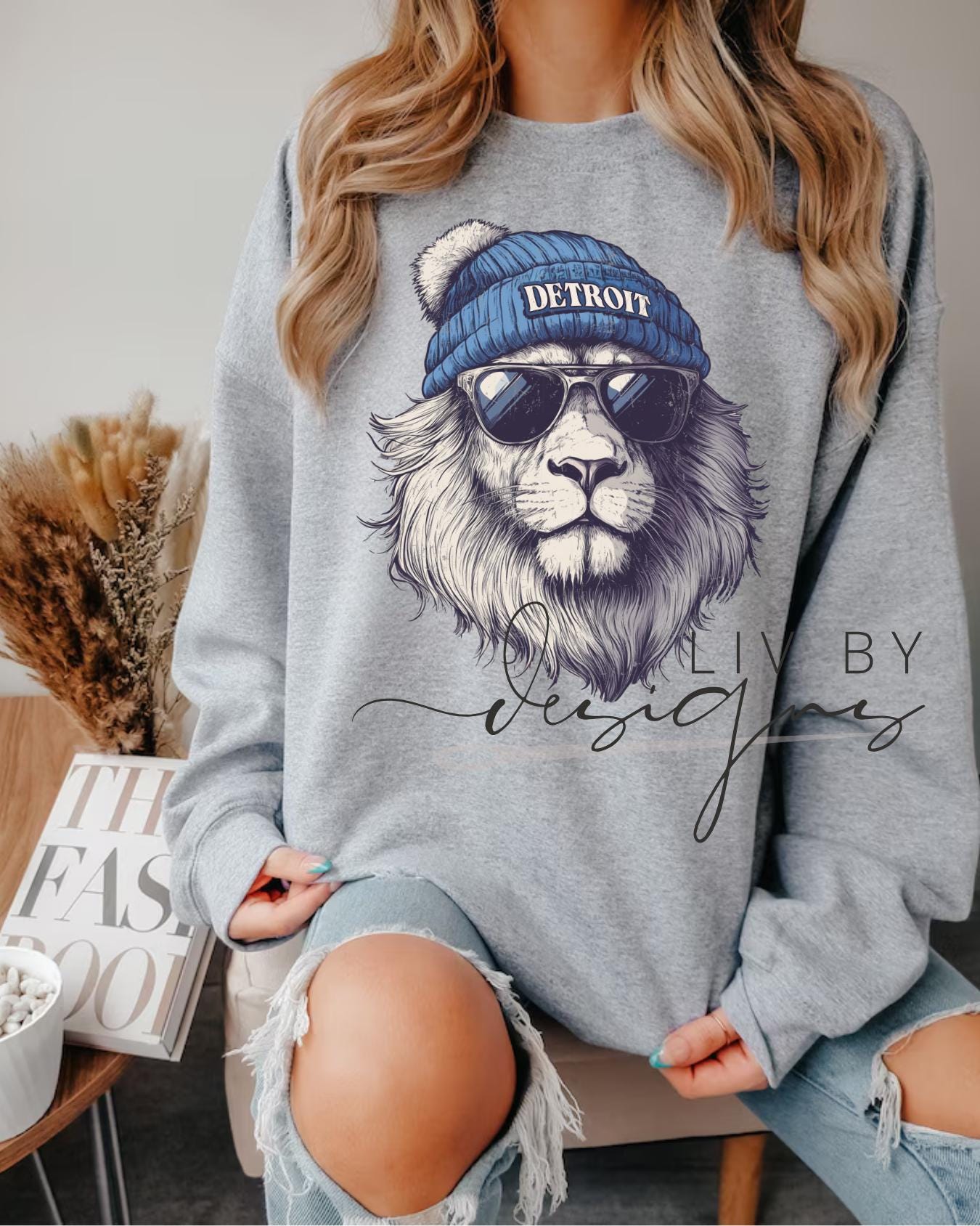 Close-up of DTF-printed Detroit lion spirit animal design on Gildan crewneck. (etsy image id: 7101160372)