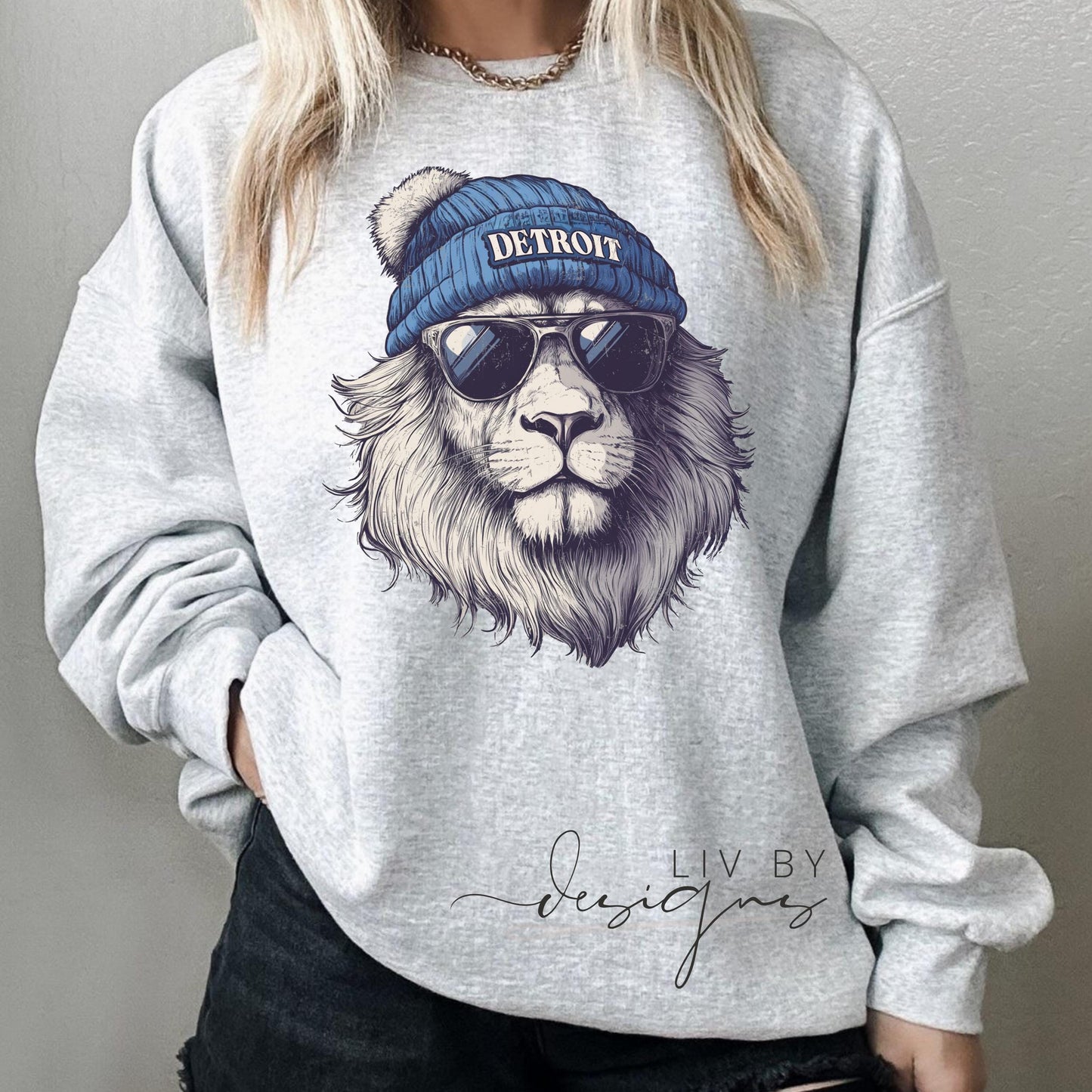 Close-up of DTF-printed Detroit lion spirit animal design on Gildan crewneck. (etsy image id: 7101160514)