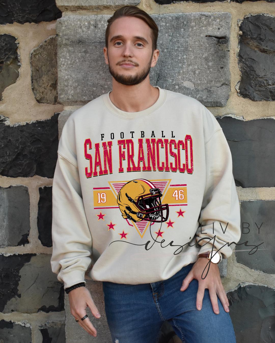 San Francisco Football Sweatshirt | Retro Helmet, Gildan Unisex Crewneck (etsy image id: 7109635232)