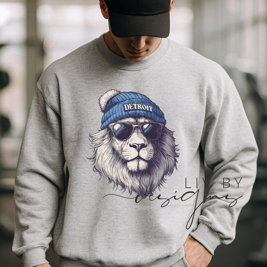 Close-up of DTF-printed Detroit lion spirit animal design on a male model featured on a Gildan crewneck. (etsy image id: 7149127731)