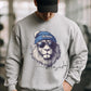 Close-up of DTF-printed Detroit lion spirit animal design on a male model featured on a Gildan crewneck. (etsy image id: 7149127731)