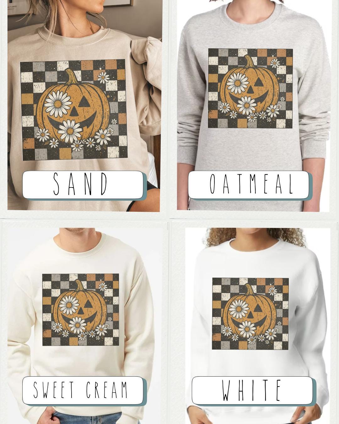 Vintage Halloween Sweatshirt | Pumpkin Daisy Floral, Checkerboard Crewneck (etsy image id: 7191150274)