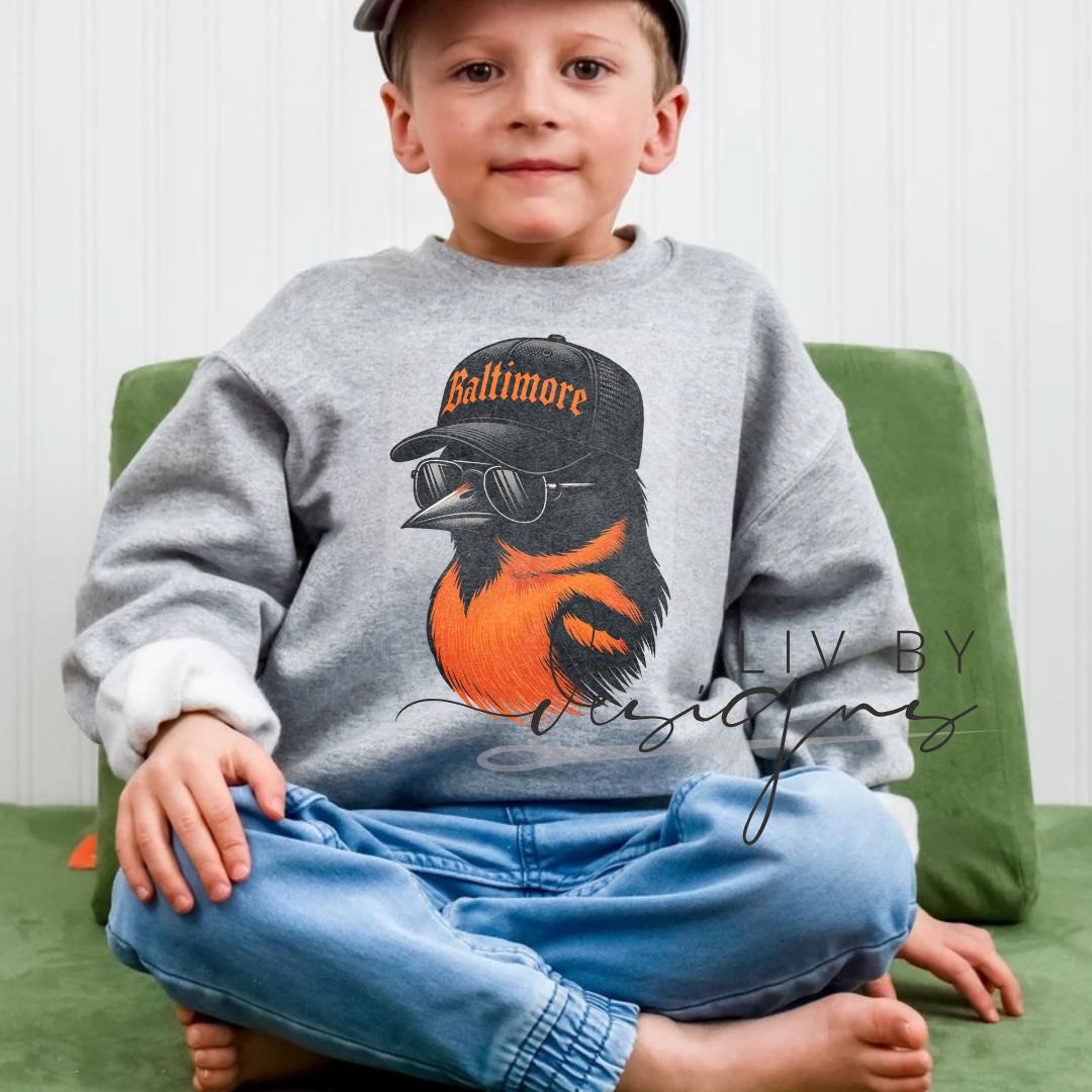 Youth Baltimore Bird Fan Apparel | Sublimated Kids Crewneck, Hoodie, Tee (etsy image id: 7312411453)