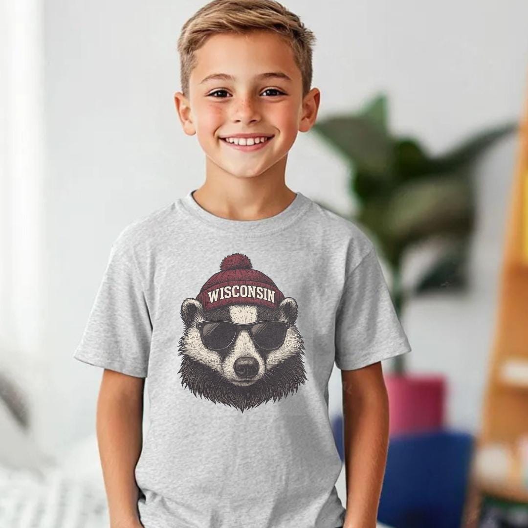 Youth wearing ash Wisconsin bear sublimated t-shirt (etsy image id: 7324944930)