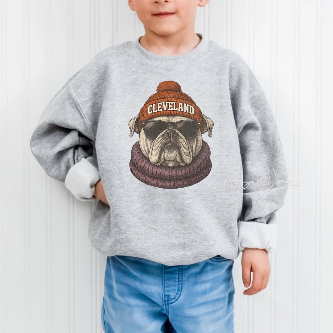 Jerzees ash crewneck youth sweatshirt with bulldog design (etsy image id: 7325060224)