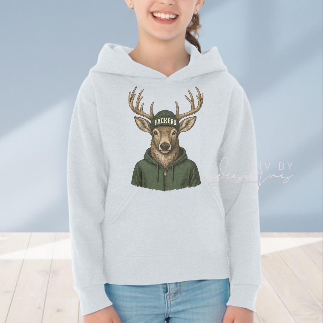 Youth Packers Deer Sublimated Sweatshirt, Ash Grey Jerzees NuBlend Hoodie (etsy image id: 7325108370)