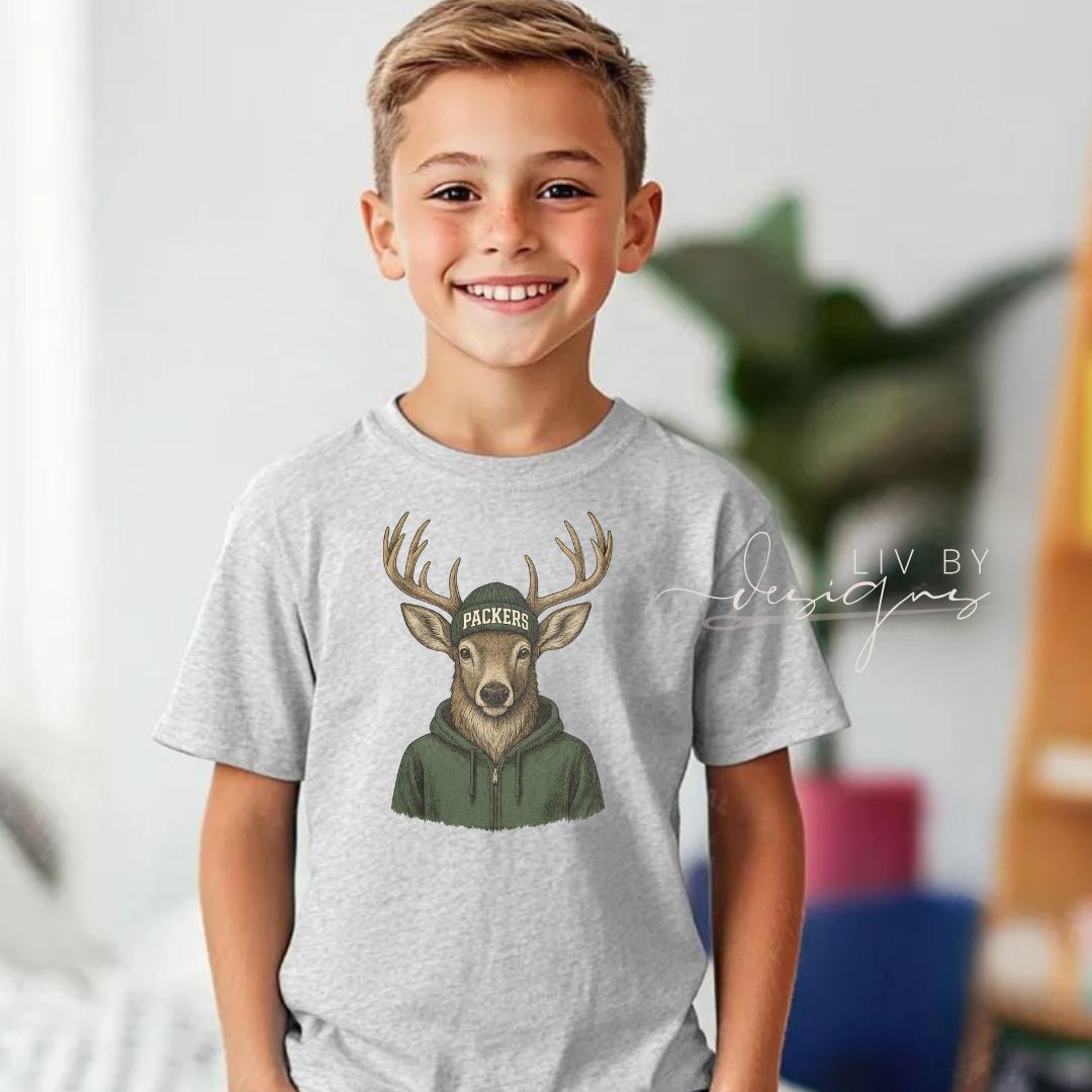 Youth Packers Deer Sublimated Sweatshirt, Ash Grey Jerzees NuBlend Hoodie (etsy image id: 7325108484)