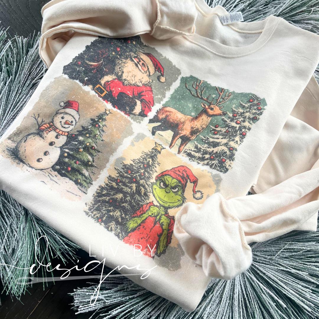 Vintage Christmas sublimated crewneck with Santa, snowman, reindeer, and Grinch design on Gildan sweatshirt (etsy image id: 7365302040)