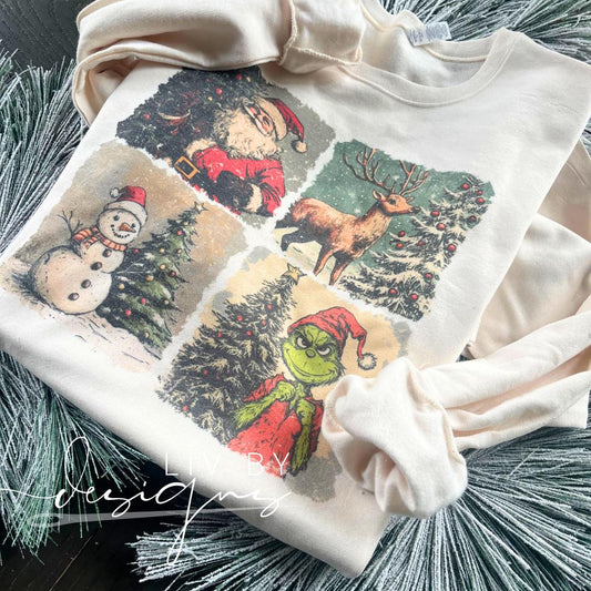 Vintage Christmas sublimated crewneck with Santa, snowman, reindeer, and Grinch design on Gildan sweatshirt (etsy image id: 7365302040)