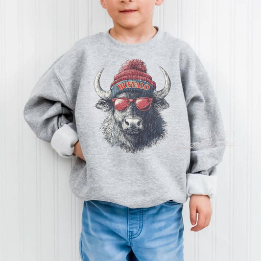 Youth wearing Buffalo sublimated ash sweatshirt (etsy image id: 7372928243)
