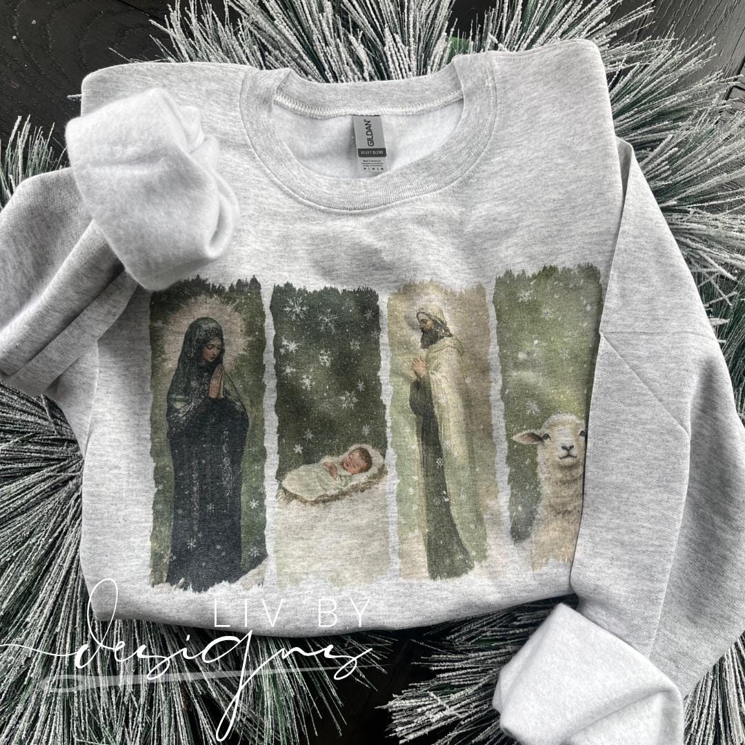 Religious Christmas sweatshirt with Christian nativity design sublimated on Gildan brand (etsy image id: 7413204195)