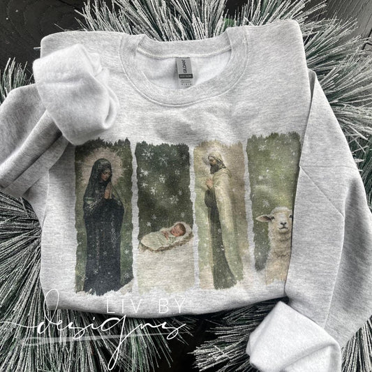 Religious Christmas sweatshirt with Christian nativity design sublimated on Gildan brand (etsy image id: 7413204195)