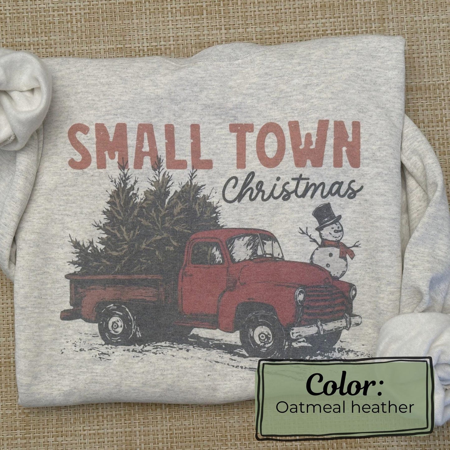 Ash grey Gildan crewneck with vintage red truck hauling Christmas trees and snowman design, sublimation print (etsy image id: 7431642296)