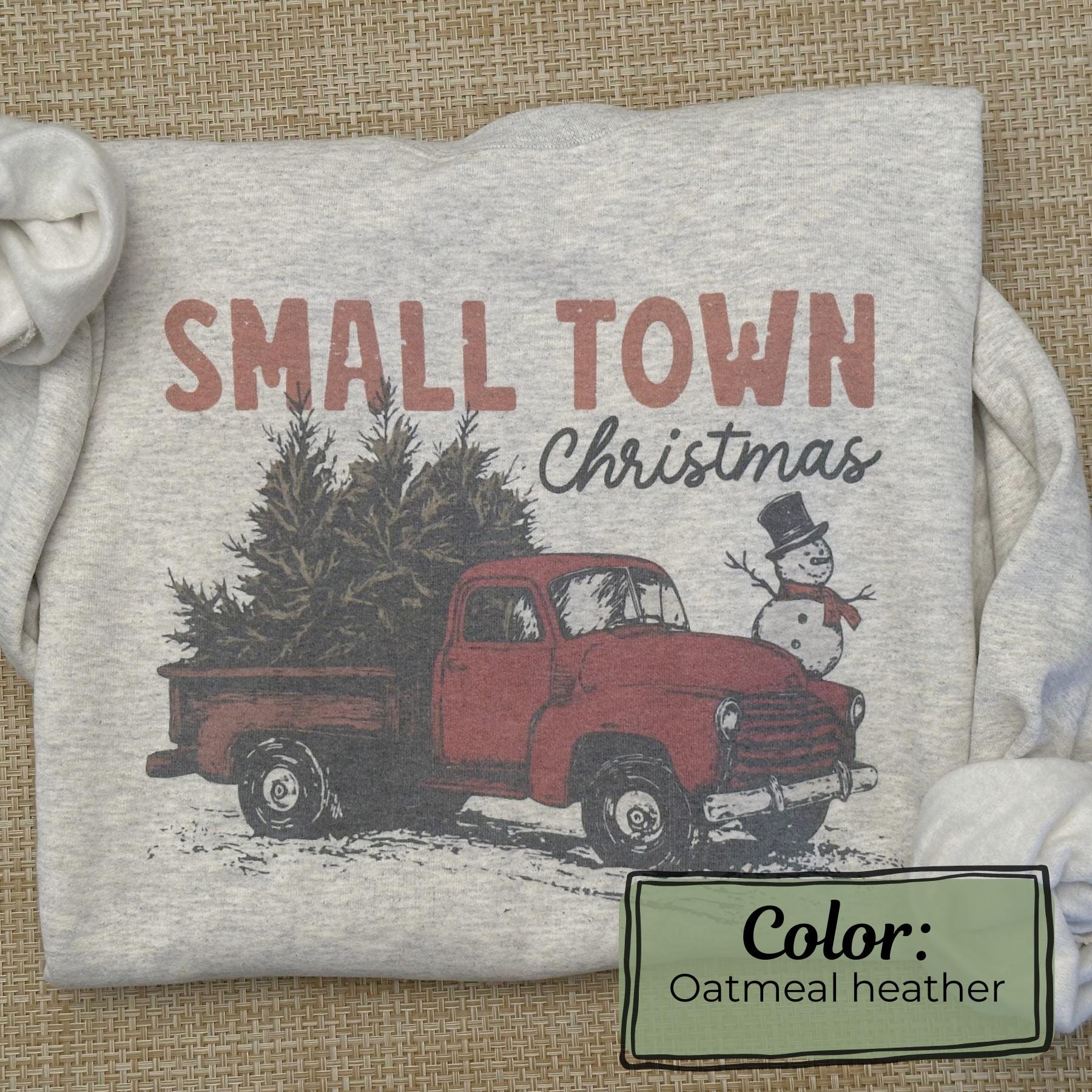 Ash grey Gildan crewneck with vintage red truck hauling Christmas trees and snowman design, sublimation print (etsy image id: 7431642296)