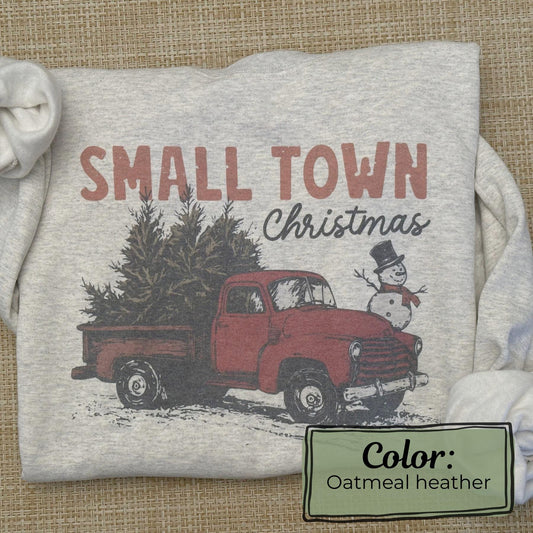 Ash grey Gildan crewneck with vintage red truck hauling Christmas trees and snowman design, sublimation print (etsy image id: 7431642296)