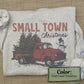 Ash grey Gildan crewneck with vintage red truck hauling Christmas trees and snowman design, sublimation print (etsy image id: 7431642296)