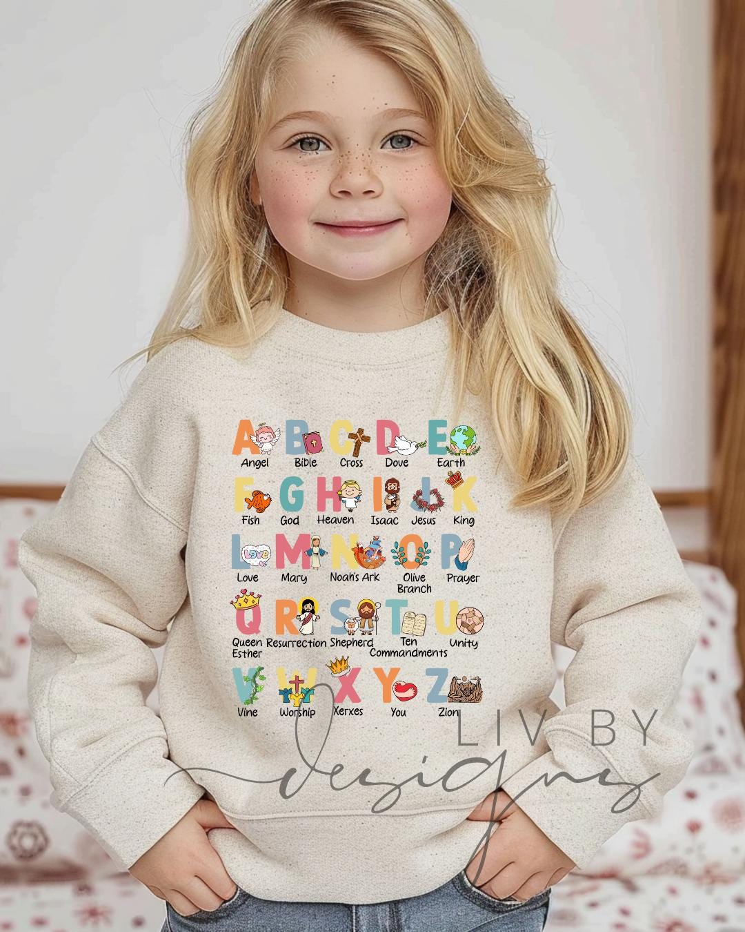 Toddler girl wearing Christian alphabet sweatshirt (etsy image id: 7505602783)