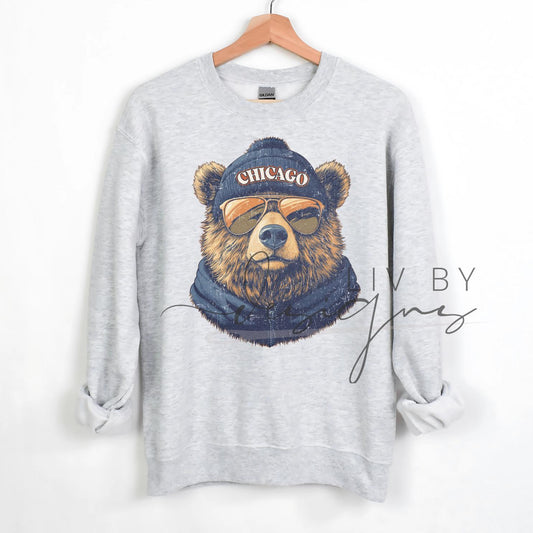 Chicago Bear Crewneck Sweatshirt | Gildan Ash Gray Unisex | Sublimated Bear Graphic | Chicago Sports Fan Sweatshirt