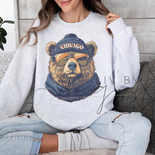 Chicago Bear Crewneck Sweatshirt | Gildan Ash Gray Unisex | Sublimated Bear Graphic | Chicago Sports Fan Sweatshirt