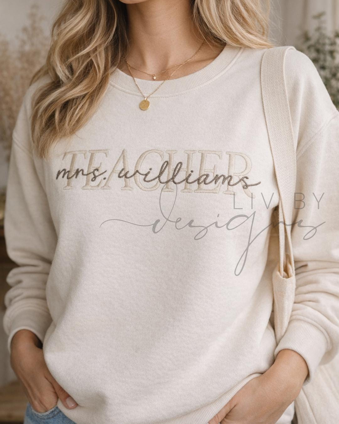 Personalized Teacher Embroidered Crewneck Sweatshirt | Custom Teacher Name Pullover | Gildan Crewneck | Teacher Gift | Teacher Appreciation (etsy image id: 7568610716)
