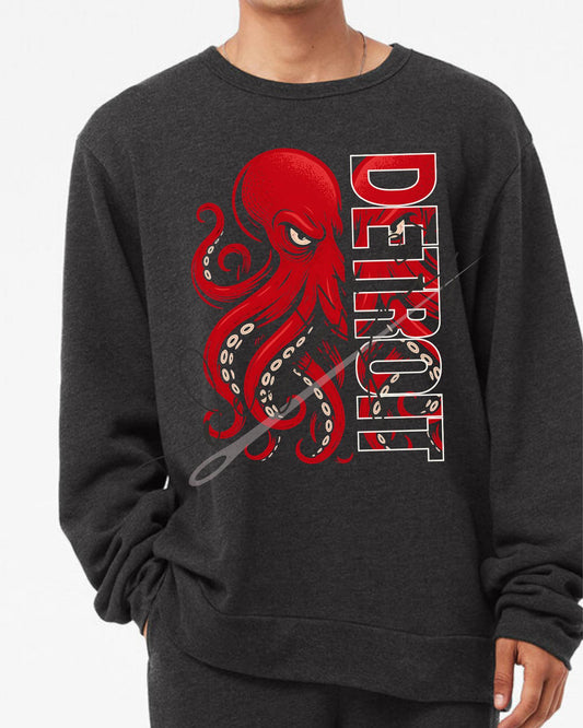 Detroit Octopus Crewneck Sweatshirt | Bella + Canvas Unisex Fleece | Detroit Hockey Fan Apparel | Red Octopus Graphic