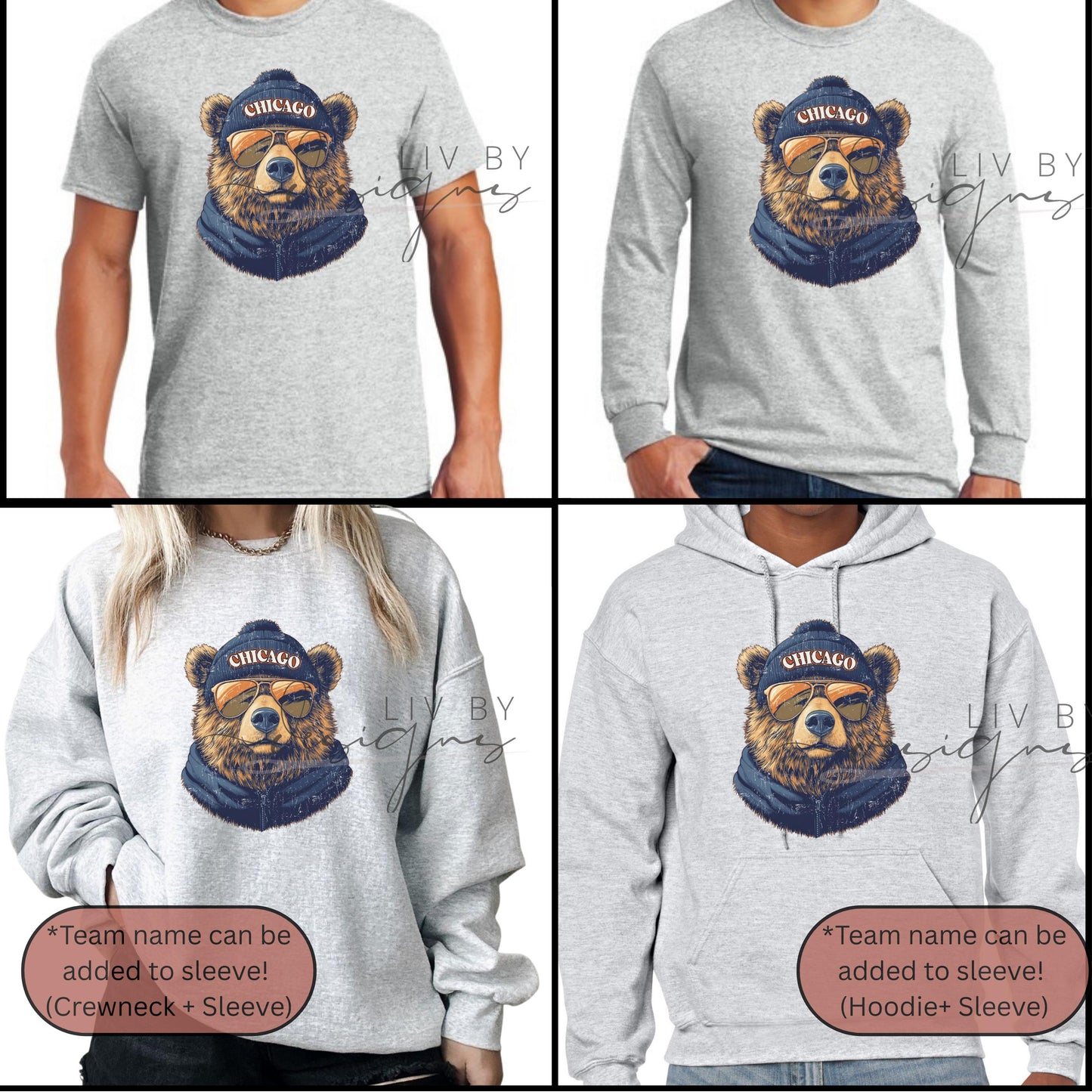 Chicago Bear Crewneck Sweatshirt | Gildan Ash Gray Unisex | Sublimated Bear Graphic | Chicago Sports Fan Sweatshirt