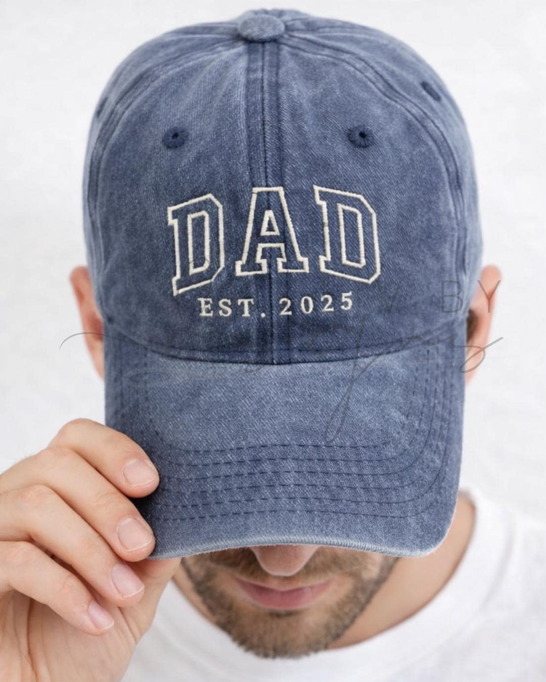 Detailed image of embroidered DAD Est date adjustable Adams Ball Cap for dads of any age (etsy image id: 7613545970)