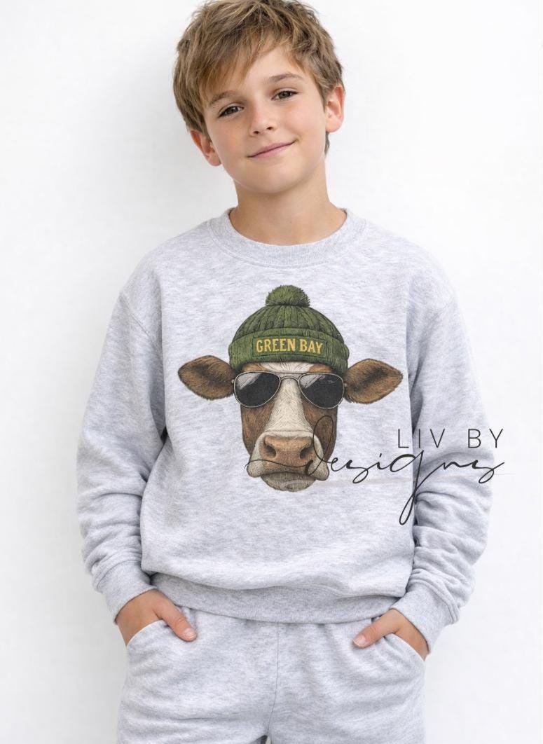 Youth Green Bay Cow Football Crewneck, Game Day Ash Grey Shirt (etsy image id: 7635079898)