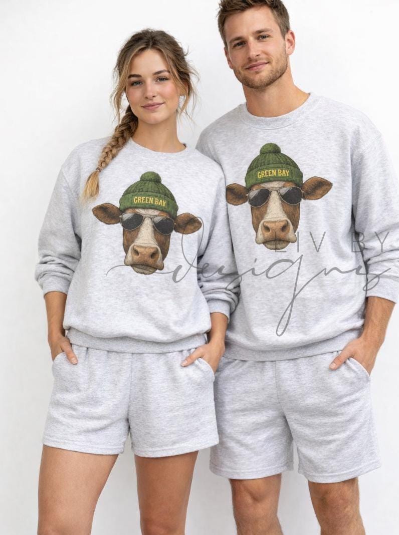 Model couple showing off their green bay packers spirit animal sublimated crewnecks (etsy image id: 7683024463)