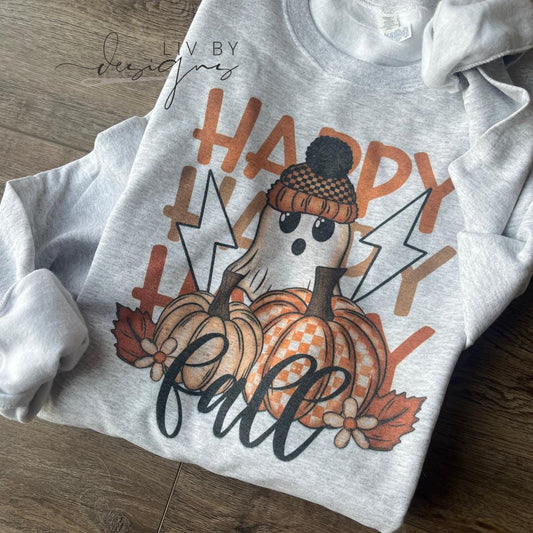 Gildan crewneck sweatshirt with sublimated ghost and pumpkins design, Happy Fall text. (etsy image id: 7861011011)