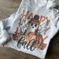 Gildan crewneck sweatshirt with sublimated ghost and pumpkins design, Happy Fall text. (etsy image id: 7861011011)