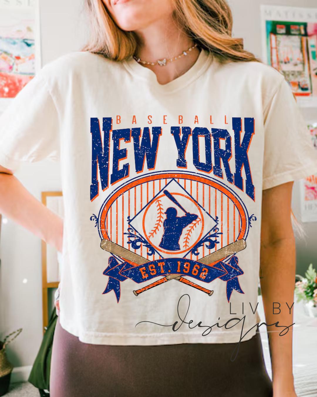 New York Baseball Crop Top, Distressed Graphic Tee, Game Day Cropped T-Shirt, Soft Cotton Blend (etsy image id: 7905706700)