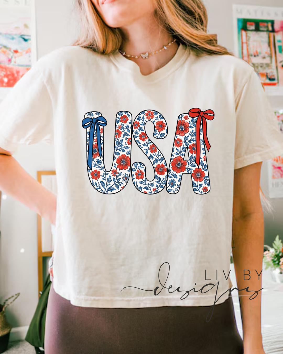 Floral and Bow USA Graphic Crop Top | Comfort Colors Patriotic Cropped T-shirt (etsy image id: 7938381056)