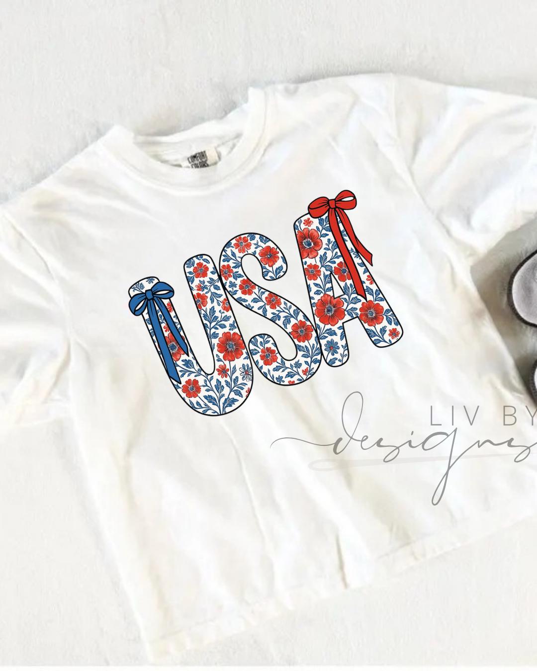 Floral and Bow USA Graphic Crop Top | Comfort Colors Patriotic Cropped T-shirt (etsy image id: 7938381068)