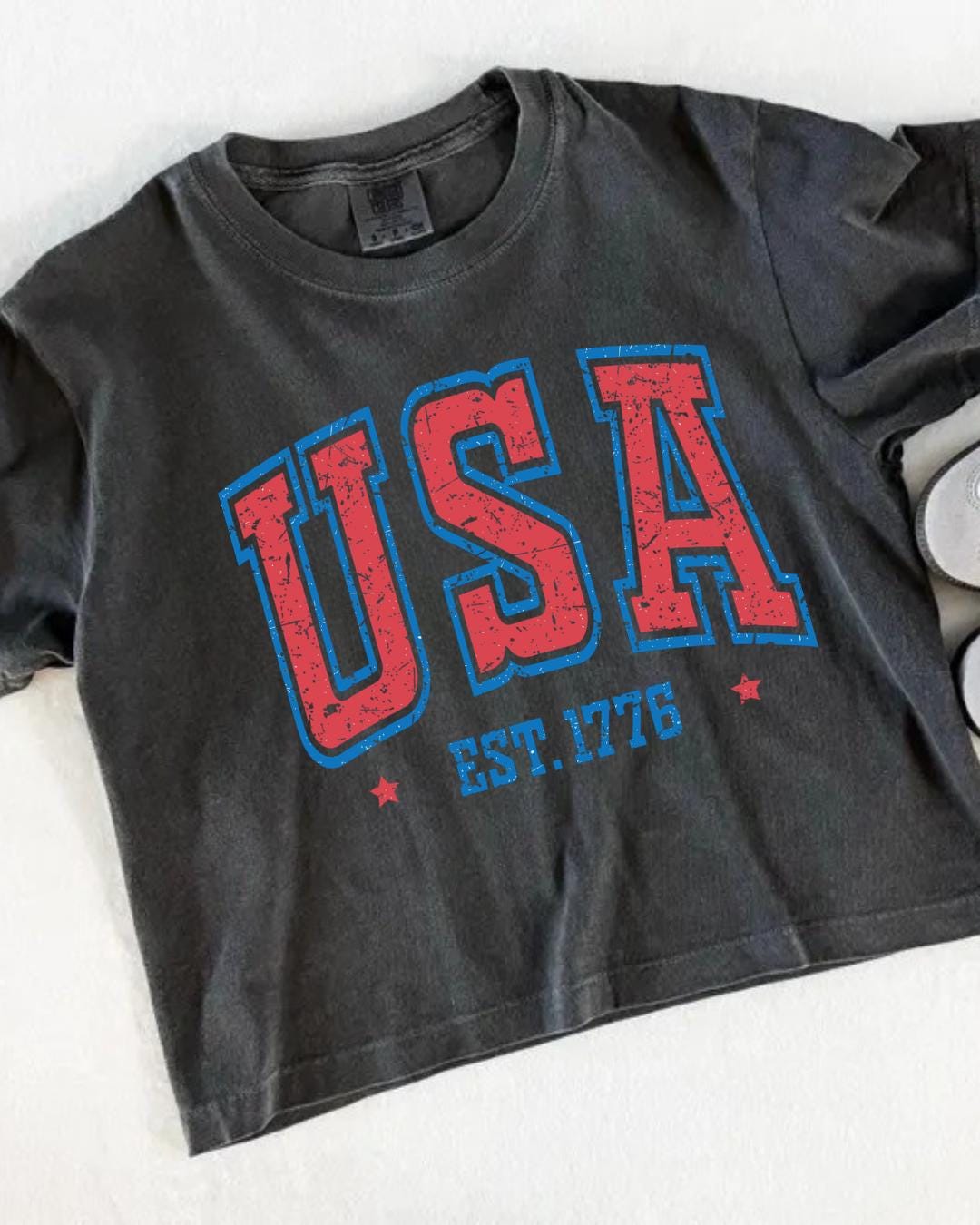 Fourth of July Cropped Tshirt, Patriotic Retro boxy tee, Comfort Colors Cropped Tee | Patriotic large letter Graphic, USA Retro Shirt (etsy image id: 7938392130)