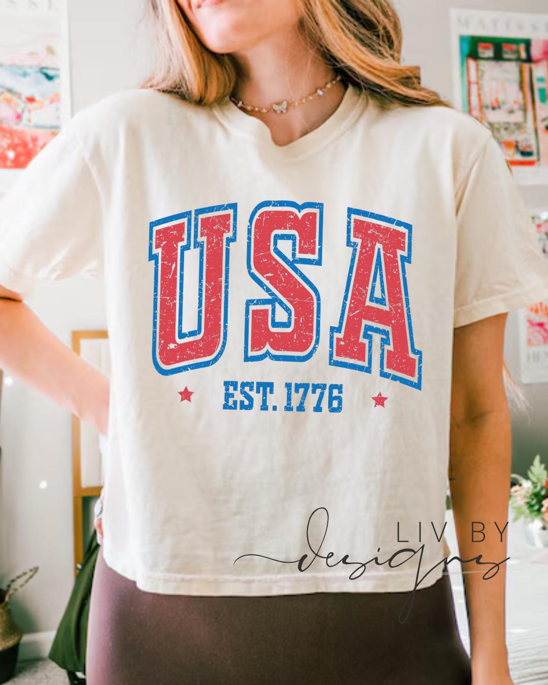 Fourth of July Cropped Tshirt, Patriotic Retro boxy tee, Comfort Colors Cropped Tee | Patriotic large letter Graphic, USA Retro Shirt (etsy image id: 7938392136)
