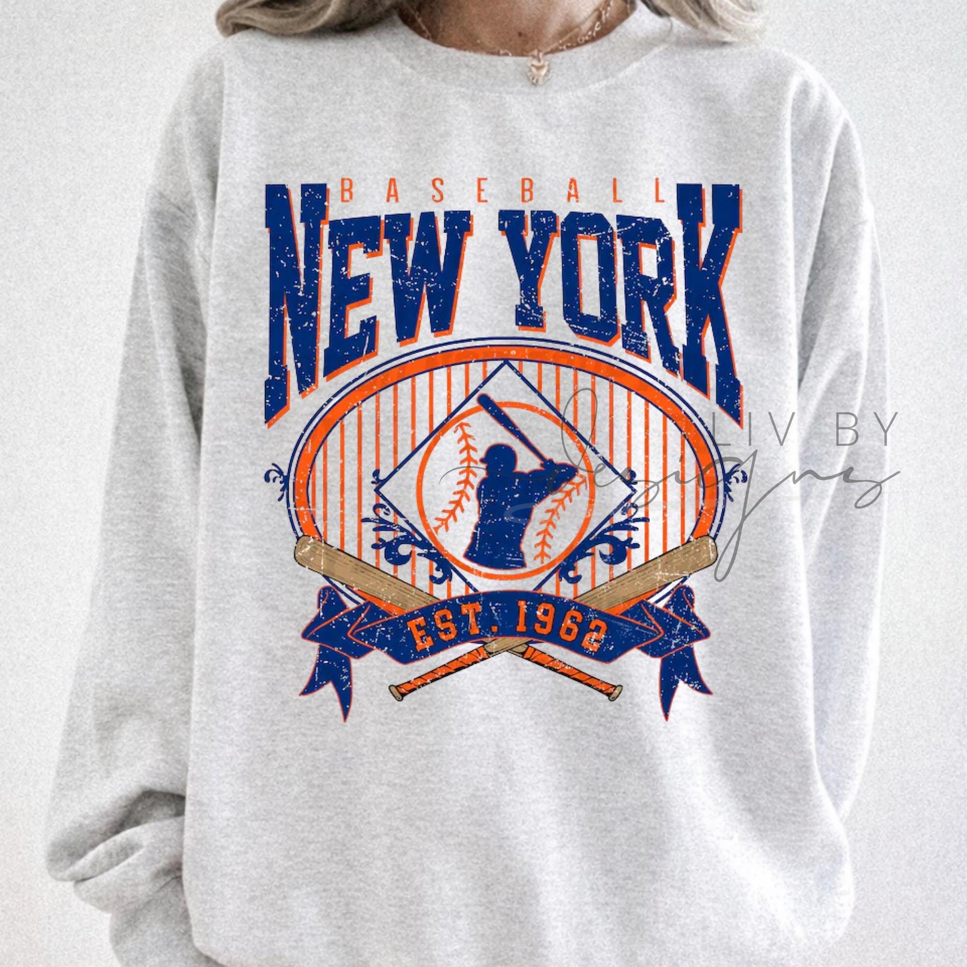 New York Baseball Distressed Graphic Crewneck Sweatshirt, Vintage Fan Top (etsy image id: 7953353897)