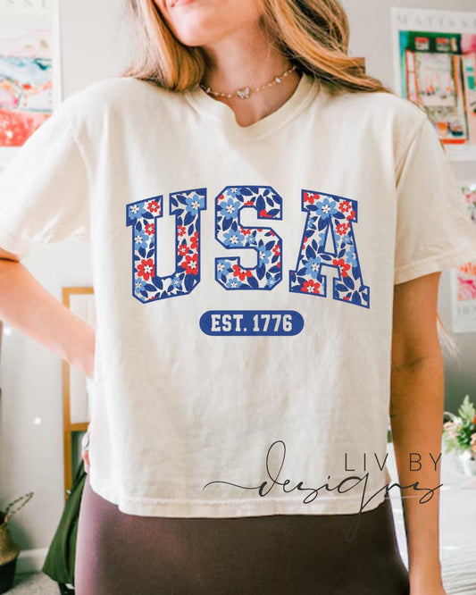 Floral USA Graphic Crop Top | Comfort Colors Patriotic Cropped T-shirt (etsy image id: 7982294223)