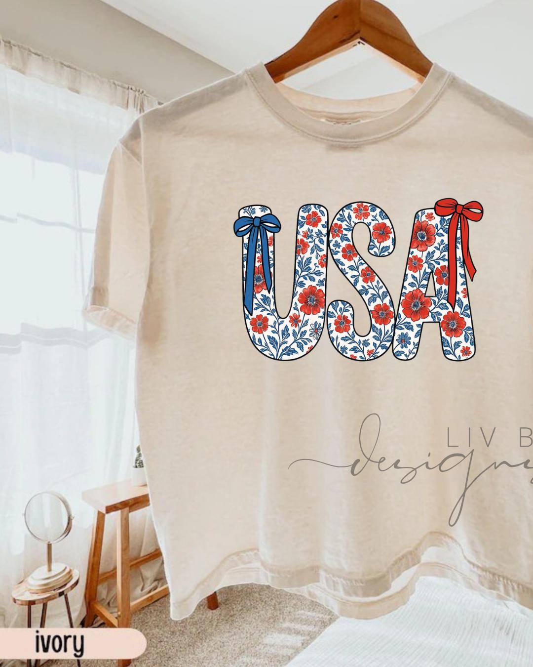 Floral and Bow USA Graphic Crop Top | Comfort Colors Patriotic Cropped T-shirt (etsy image id: 7986336951)