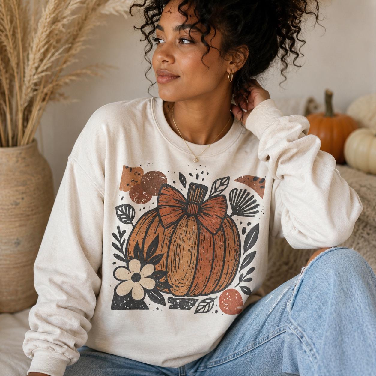 Fall Pumpkin Crewneck Sweatshirt | Gildan Sublimated Autumn Pullover | Cozy Pumpkin Bow Sweater | Thanksgiving Outfit (etsy image id: 8059548211)