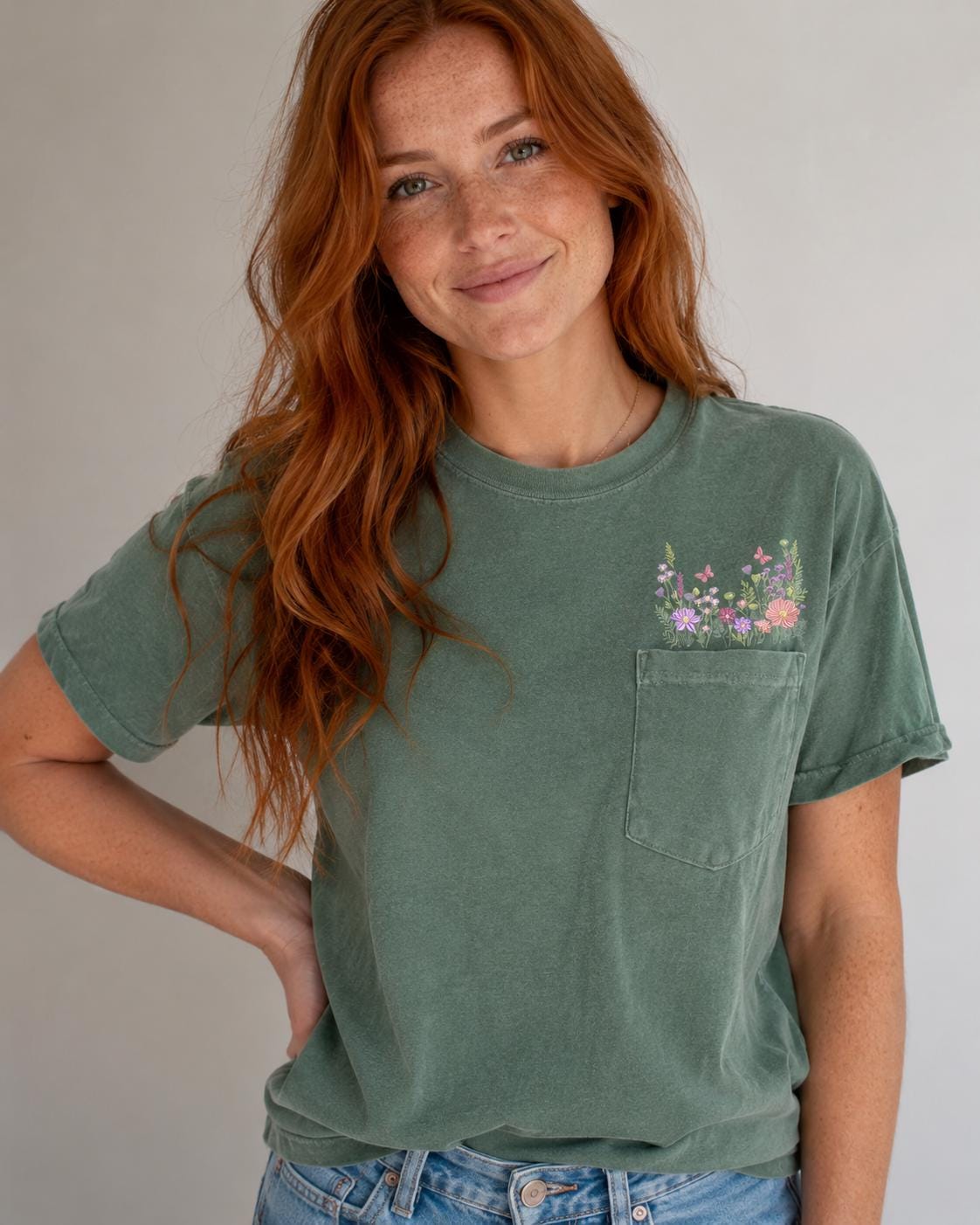 Embroidered Butterfly Wildflower Pocket Tee - Comfort Colors Cotton Shirt (etsy image id: 8059571411)