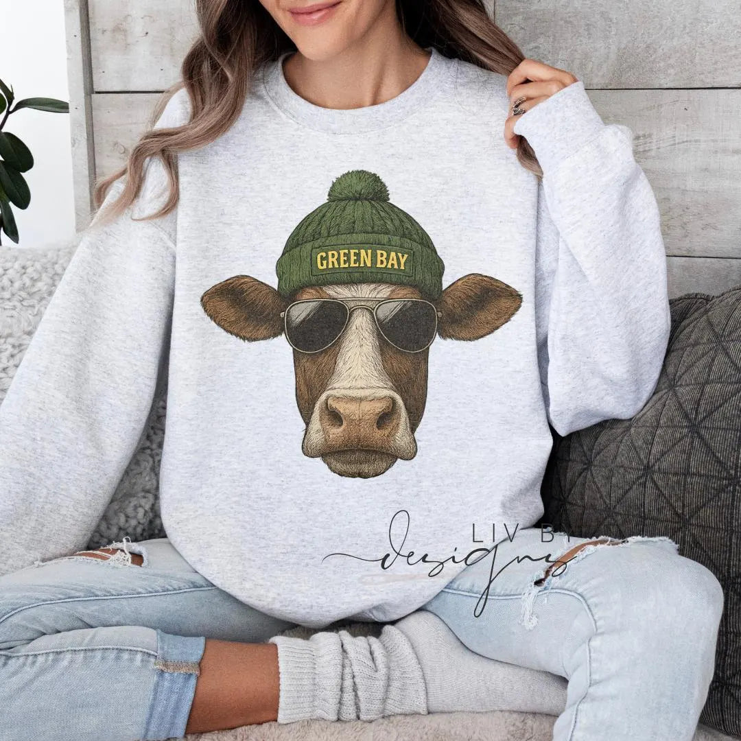 Cow Crew with beanie and shades | Everyday crew for fall | Gift for football lover | Football Spirit Animal Crew, Game Day Pullover