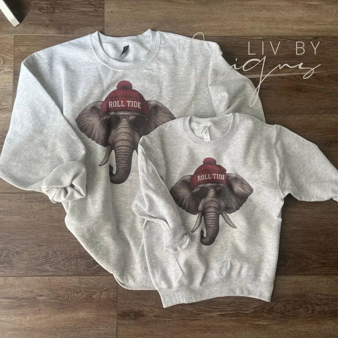 Elephant Crew with beanie and shades | Everyday crew for fall | Gift for football lover | Football Spirit Animal Crew, Game Day Pullover