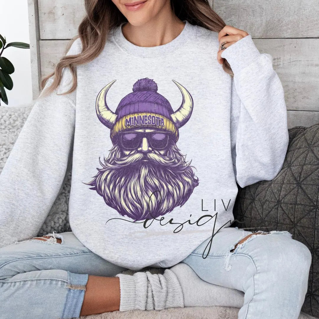 Vikings Crew with beanie and shades | Everyday crew for fall | Gift for football lover | Football Spirit Animal Crew, Game Day Pullover
