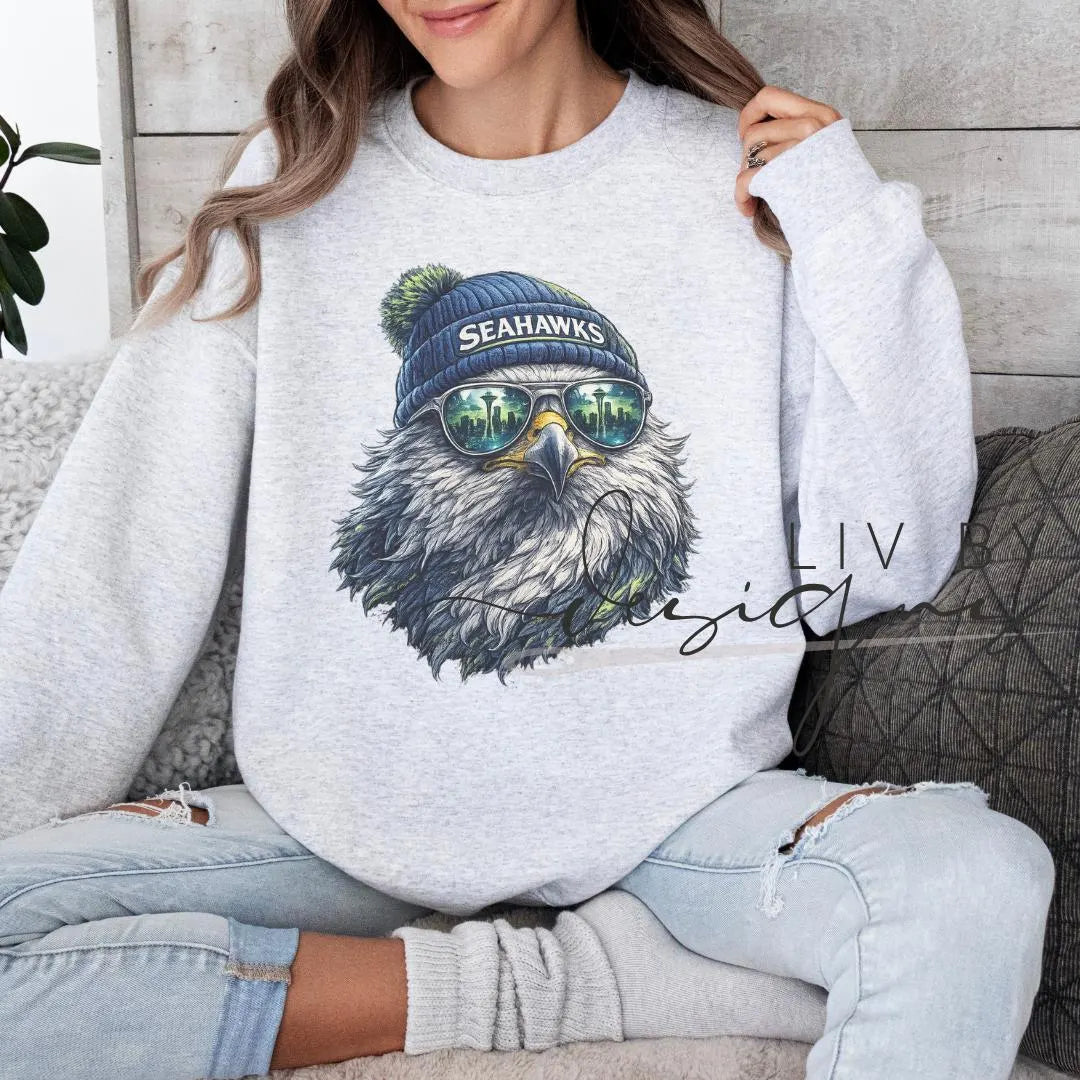 Seahawks Crew with beanie and shades | Everyday crew for fall | Gift for football lover | Football Spirit Animal Crew, Game Day Pullover
