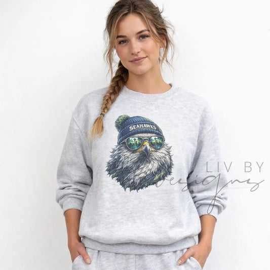 Seahawks Crew with beanie and shades | Everyday crew for fall | Gift for football lover | Football Spirit Animal Crew, Game Day Pullover