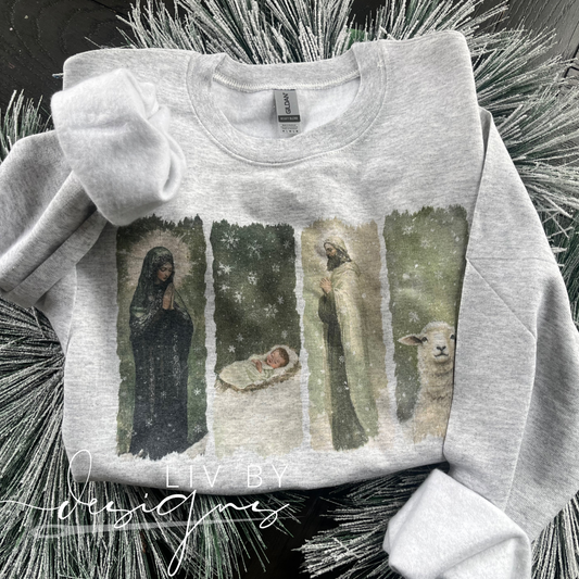 Nativity Christmas Crewneck | Christian Sublimated Sweatshirt | Gildan Religious Holiday Pullover | Jesus Mary Joseph